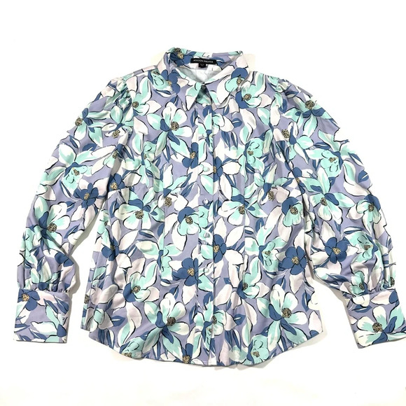 Boston Proper Lillies Print Shirt Victoria Chic Drama Sleeve Purple - Picture 1 of 6